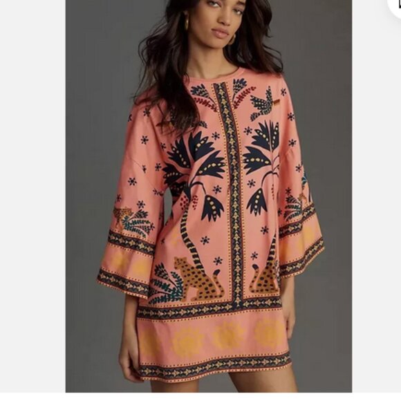 NWT Farm Rio Anthropologie XL Printed Shift Mini Dress Tunic Bell Flare Sleeves - Picture 2 of 4